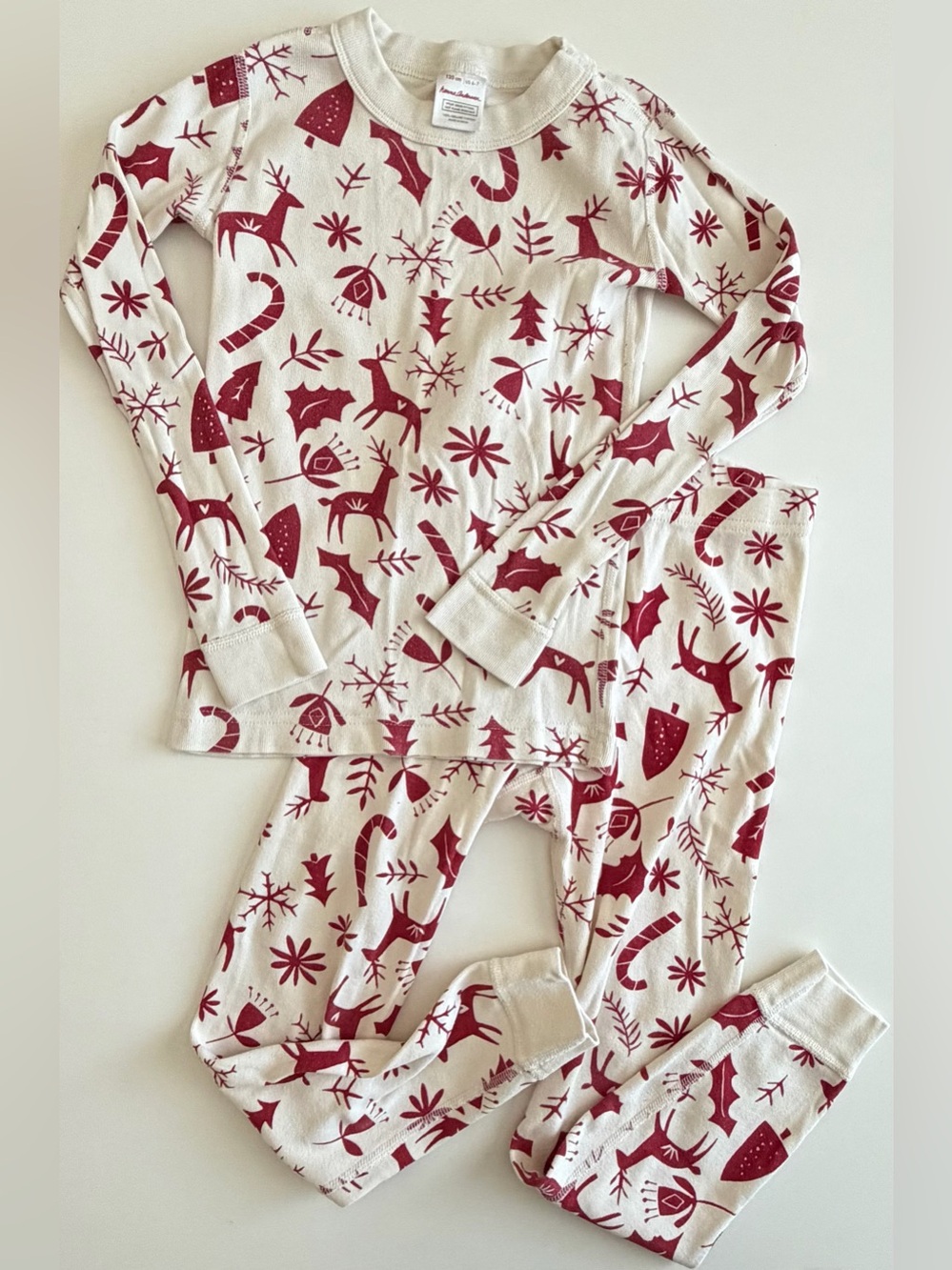 Hanna Andersson Holiday Pajama Set: White and Red Reindeer, Kids 6-7 Years Old